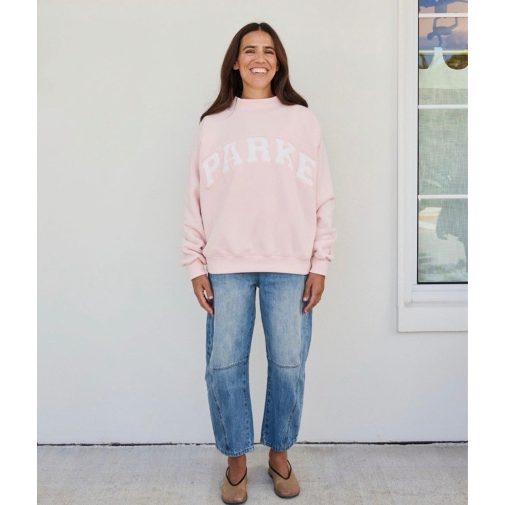NEW Parke Varsity Mockneck Rose White Fleece Sweatshirt L/XL Oversized Pullover - Picture 3 of 15